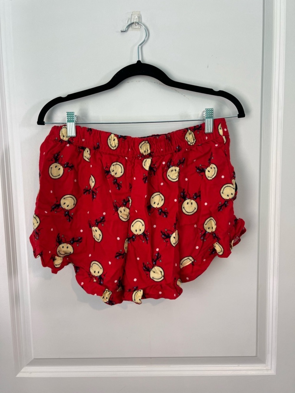 Aerie Smiley® Flannel Pajama Shirt + Ruffle Shorts Holiday Red Christmas PJ Set - Picture 12 of 13